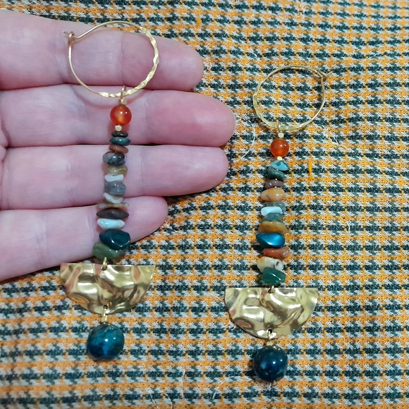 Hand Crafted Jewelry - Gold and Multicolor Stone Drop Earrings